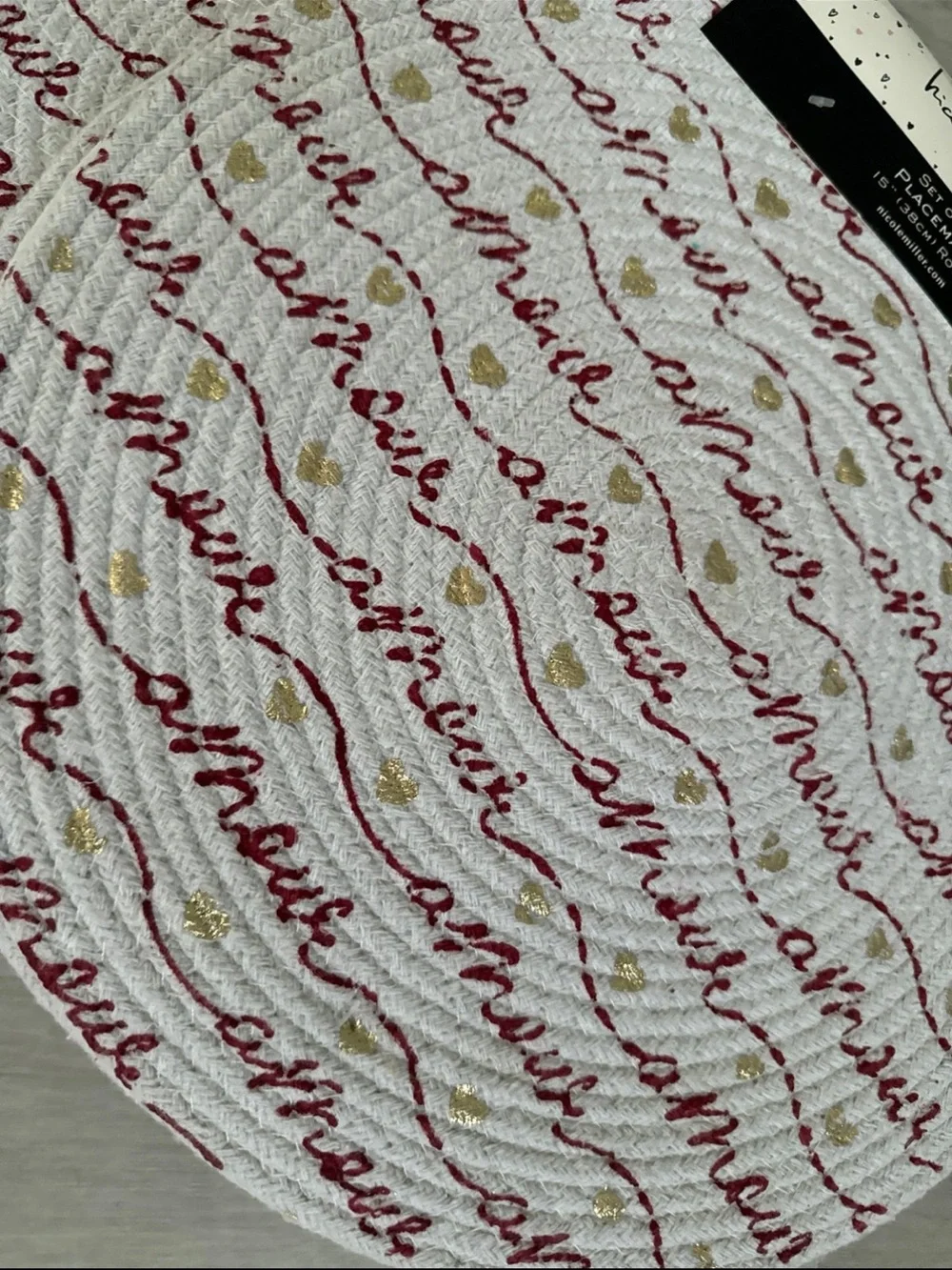 Nicole Miller White Braided Placemat with Red Script and Gold Hearts set of 4